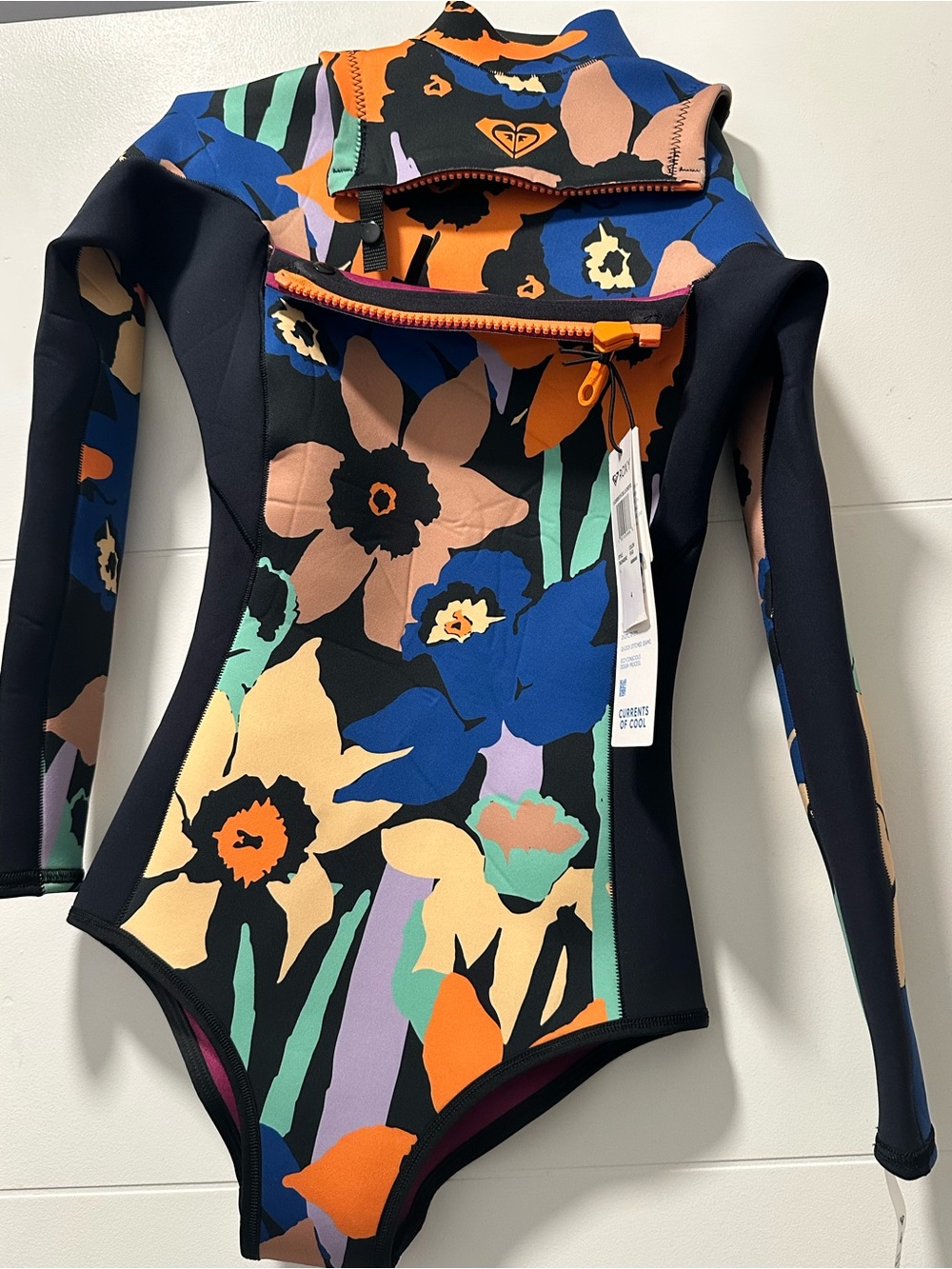 Roxy Floral Long-Sleeve One-Piece in Black, Blue & Orange - Picture 7 of 7